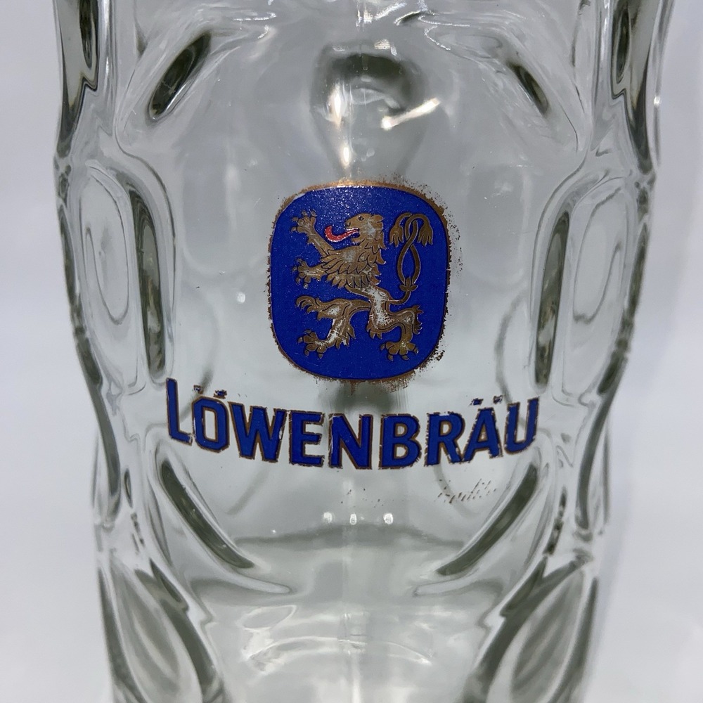 Lowenbrau Munich 1L Liter Heavy Glass Beer Stein Mug‎ 8" Tankard Dimpled Vintage